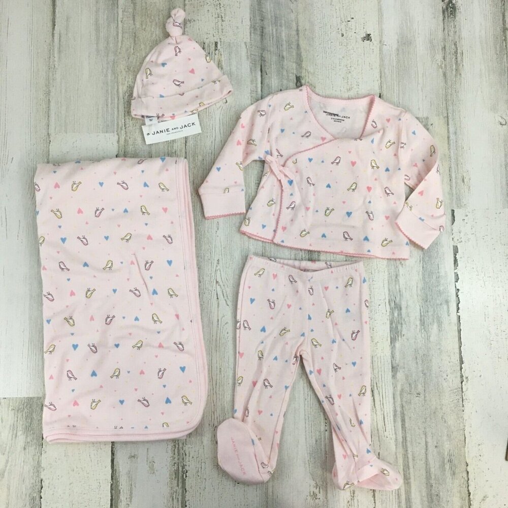 Janie and Jack Pink Bird Print Baby Matching Set
